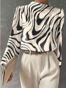 SHEIN LUNE Women's Graphic Geometric Abstract Print Fashion Long Sleeve High Collar Regular Blouse, Everyday Wear