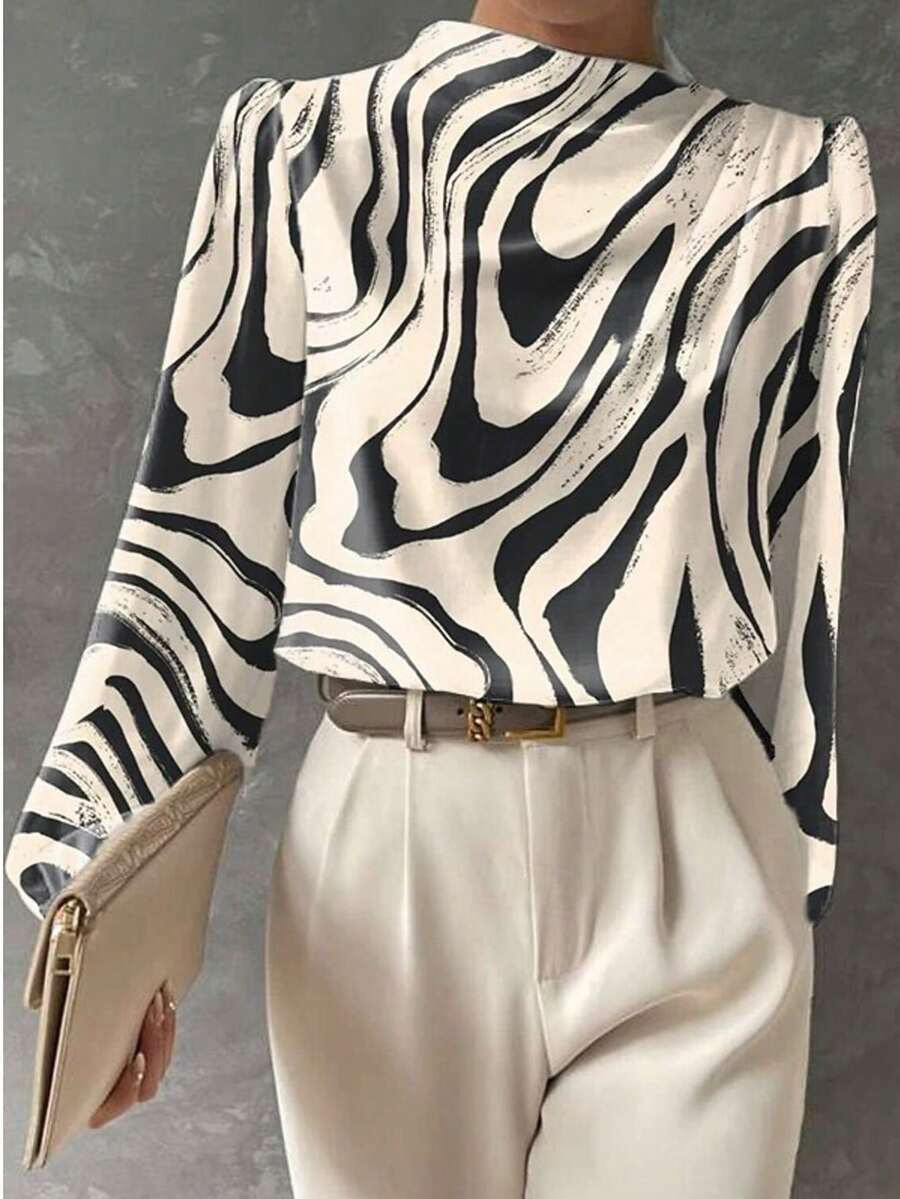 SHEIN LUNE Women's Graphic Geometric Abstract Print Fashion Long Sleeve High Collar Regular Blouse, Everyday Wear