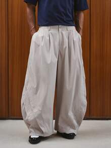 TOKVUE 男士时尚休闲浅杏色褶皱宽松阔腿裤，日系裤，日常穿着 - 杏色 - 查看 5