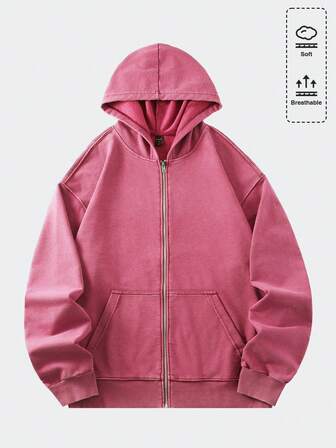 Street Life Chaqueta con capucha de sudadera vintage lavada y holgada para hombre (con refuerzo en el cuello, el bajo y las costuras de los hombros para evitar la deformación) con cremallera de metal