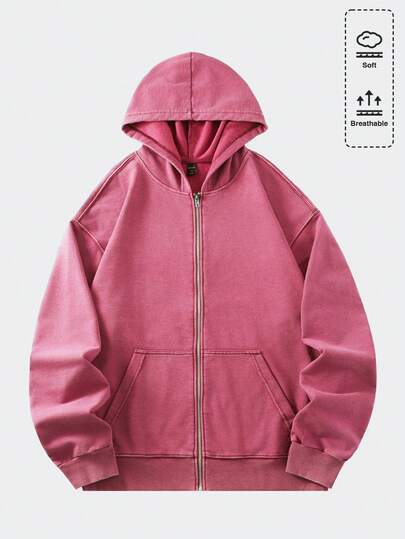 ROMWE MEN Casual 男士复古水洗宽松金属拉链连帽卫衣（领口、下摆、肩部接缝加固，防止变形），长袖上衣