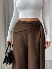 Elenzga New Women's Woven Twill Side Zipper Belt Flared Design Spring/Autumn Casual Elegant Loose Fit Pants - Brown - View 3