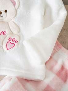 Conjunto de pijamas de pelúcia para bebês meninas, 2 peças, pijama longo de manga comprida com bordado de urso xadrez rosa - Rosa - Ver 8