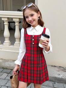 SHEIN Tween Girls' Vintage French Plaid Ruffle Trim Fitted Christmas Red Dress, Suitable For Christmas, Parties, Casual Wear, Autumn/Winter Fall - Red - View 8