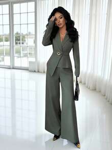 SHEIN Elenzya 女士时尚几何镂空金属扣收腰西装领长袖高腰阔腿裤，适合商务会议、婚礼、联欢会、通勤、毕业派对、节日、约会、聚会，2 件套 - 軍綠色 - 查看 3