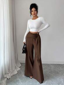 Elenzga New Women's Woven Twill Side Zipper Belt Flared Design Spring/Autumn Casual Elegant Loose Fit Pants - Brown - View 5