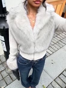 SHEIN EZwear 秋冬大码女式仿皮草夹克 - 白色 - 查看 6