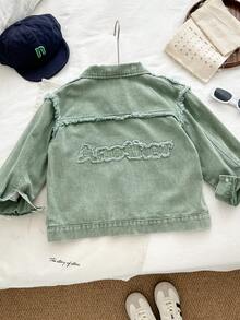 Genkimix Kids Young Boy Cotton Denim Jacket With Lining, White T-Shirt, Letter Embroidery, Distressed Utility Pockets, Casual & Stylish Everyday Wear