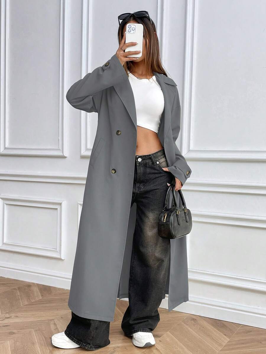 Chiquease Abrigo trench de manga larga minimalista y casual de unicolor para mujer - Gris Claro - Ver 1