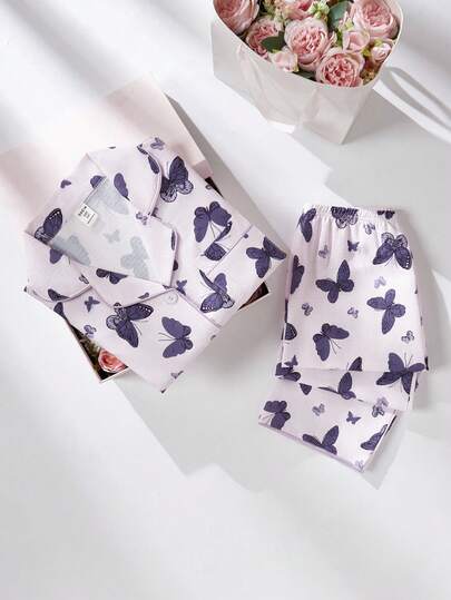 女学生睡衣，青春期女孩可爱蝴蝶印花长裤和长袖休闲两件套家居服套装