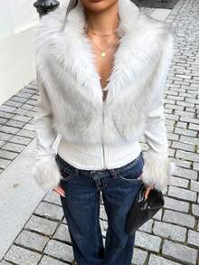 SHEIN EZwear 秋冬大码女式仿皮草夹克 - 白色 - 查看 3