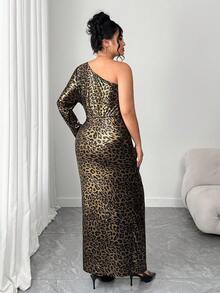 Elenzga Women's Elegant Leopard Print Metallic Fabric Long Sleeve Dress,Twist Waist Slit Party Dress,Black And Gold,Autumn,70's,Party,Rave Cleopatra Cheetah - Multicolor - View 2
