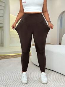 Solflare Plus Size Solid Color Elastic High Waist Breathable Leggings