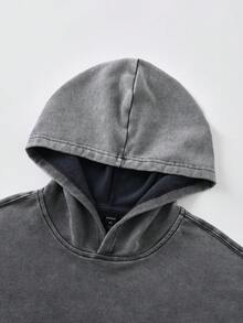 ROMWE MEN Casual Áo hoodie nam tay dài, kiểu dáng rộng rãi, chất liệu denim bạc màu, phong cách vintage. - Xám - Xem 3