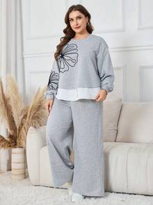 Modelyn Plus Size Women Embroidered Floral Loose Casual Comfortable High-End Minimalist Wide Leg Pants Set - Grey - View 7