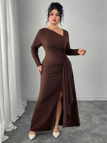 Modelyn Damen Große Größen elegantes Rüschen-Saum asymmetrischer Ausschnitt Langarm figurbetontes Kleid - Schokoladenbraun - Übersicht 4