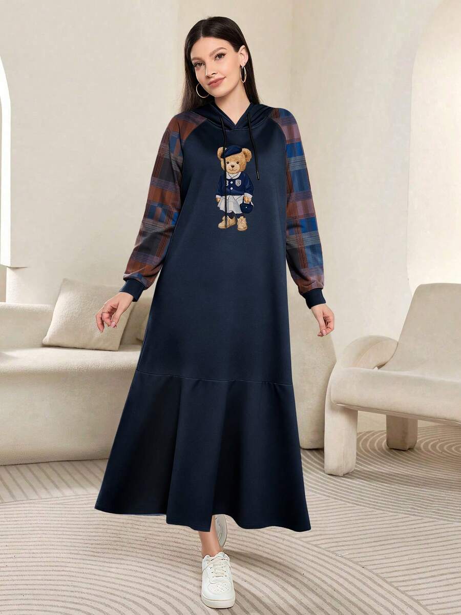 Modelyn Cute Bear Graphic Print Fashionable Hooded Plaid Raglan Long Sleeve Women's Maxi Dress, Spring/Autumn