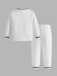 SHEIN 2pcs/Set Toddler Boys' Casual Textured Knit Colorblock Crew Neck Long Sleeve T-Shirt And Elastic Waist Pants, Children's Clothing, Infant & Toddler Outfit, Suitable For Commuting, School, Daily Casual, Travel, Sports, Parties, Autumn/Winter, 6M-3T Black And White Baby Boy Outfit Baby Boy Casual Outfit Neutral Baby Clothes Unisex  Baby Boy Autumn Winter Season Toddler Boys Clothes