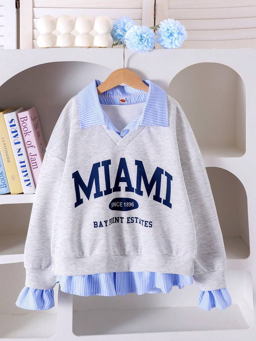 Felpa a maniche lunghe con colletto, a righe e con stampa di lettere, in stile scolastico di moda, per ragazze pre-adolescenti, in stile patchwork a maglia, adatta per primavera e autunno - Grigio - Visualizzare 1