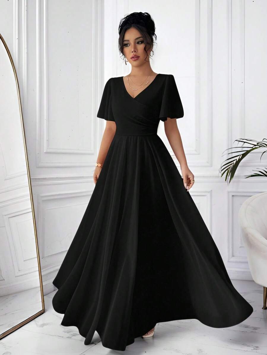 Elenzga Ruffle Sleeve V-Neck A-Line Minimalist Elegant Romantic Sophisticated Ladies Formal Black Dress - Black - View 1