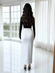 Rafferiza Women's Black And White Elegant Formal Fall Winter Dress,High Collar Pearl Cuff Ruched Bodycon Maxi Dress,Colorblock High Waist Party Graduation Gown - Black and White - View 3