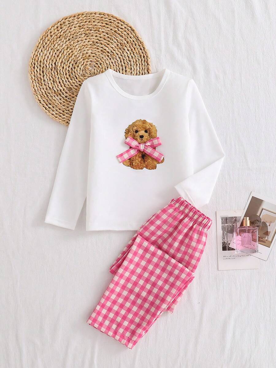 SHEIN 2pcs Girls Cartoon Puppy & Bow Print Knit Casual Long Sleeve Top And Pants Pajama Set - White - View 1