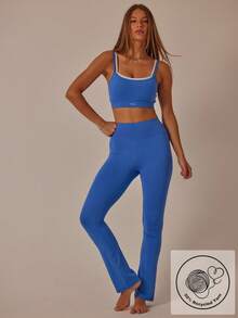 Aralina 女式双肩带镂空短款上衣和高腰紧身裤弹力健身套装 - 藍色 - 查看 5