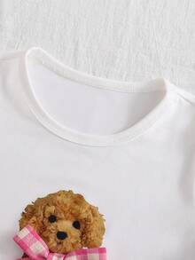 SHEIN 2pcs Girls Cartoon Puppy & Bow Print Knit Casual Long Sleeve Top And Pants Pajama Set - White - View 3