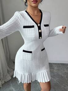 Elenzga New Women's Knitted Tweed Elastic Fabric V-Neck Color Block Fitted Casual Everyday Versatile Elegant Young Lady Short Dress, Autumn/Winter