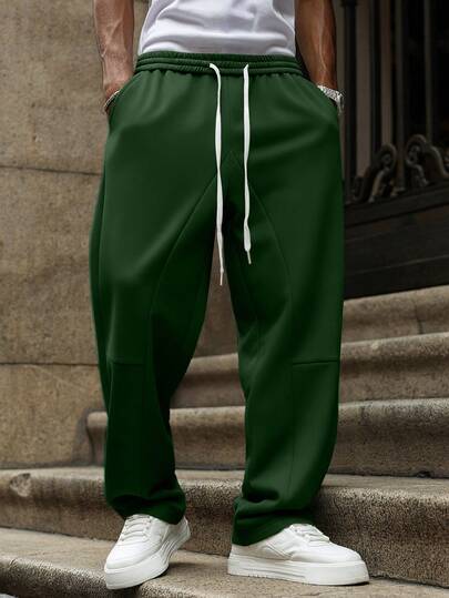 Manfinity Hypemode Plus Size Men's Solid Color Drawstring Waist Pockets Wide Leg Loose Casual Sweatpants