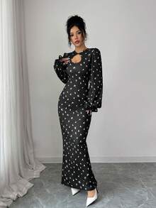 Gloray Gaun Lengan Panjang Berongga Elegan Motif Bunga untuk Wanita - Hitam - View 4