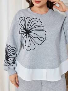 Modelyn Plus Size Women Embroidered Floral Loose Casual Comfortable High-End Minimalist Wide Leg Pants Set - Grey - View 3