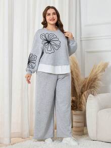 Modelyn Plus Size Women Embroidered Floral Loose Casual Comfortable High-End Minimalist Wide Leg Pants Set - Grey - View 6