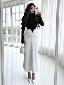 Rafferiza Women's Black And White Elegant Formal Fall Winter Dress,High Collar Pearl Cuff Ruched Bodycon Maxi Dress,Colorblock High Waist Party Graduation Gown - Black and White - View 6