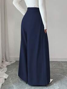 Elenzga Quần ống loe cạp cao, khóa kéo bên hông, thiết kế nút, đơn giản, thanh lịch, thường ngày, thời trang xuân/thu cho nữ - Xanh đậm - Xem 2