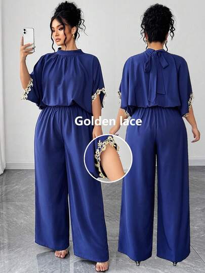 Elenzga Plusstorlek Dam Ny Fashionabel Elegant Långärmad Guldfärgad Spetskrage Knytning Rosett Resår i Midjan Lös Vida Ben Jumpsuit, Lämplig För Dejter, Semestrar, Högtider, Fester, Affärsevenemang, Elegant Romantisk Jul, Höst