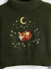 ROMWE Fairycore Suéter de mujer de punto acanalado con bordado de zorro, estilo vintage casual para otoño/invierno - Verde Oliva - Ver 2