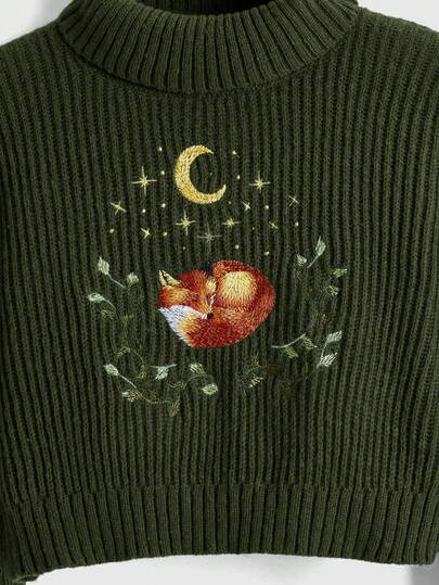 Fairycore Femmes Vintage Casual Tricot Côtelé Chandail avec Broderie de Renard, Automne/Hiver