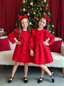 SHEIN Young Girl' Ruffled Beaded Collar Knit A-Line Long Sleeve Dress, Soft & Comfortable For Daily, Outdoor, Travel, Vacation, Home, Daycare Wear Winter Christmas Halloween Toddler Cardigan Sweater Autumn Fall Jumpers Sweaters Tops Dress Dresses Christmas Jumper Cozy Pixies Prepcrw Christmas Outfit Halloween New Born Toddler Fall Winter Dress Halloween Romper Stuff Halloween Jumper Jumper Cardigans Shirts White Cardigan Clean Downtown Off The Shoulder Sweater Outfit Sets Pink Sweater Jacket Cute Fall Outfits Outfits Top Maija Christmas Dress Toddler Fall Dark Purple Skirt Christmas Sweater Fall Sweaters Unisex White Sweater Vest Skirt Sets - Red - View 10