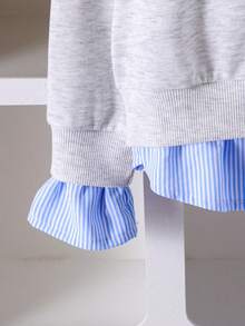 Felpa a maniche lunghe con colletto, a righe e con stampa di lettere, in stile scolastico di moda, per ragazze pre-adolescenti, in stile patchwork a maglia, adatta per primavera e autunno - Grigio - Visualizzare 4