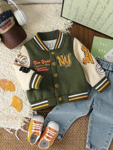 SHEIN 男婴字母徽章休闲棒球夹克，酷炫街头风格，适合日常外出、学院风、搭配、派对