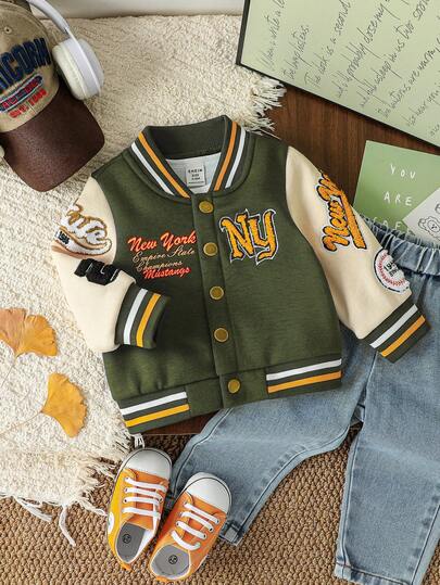 SHEIN 男婴字母徽章休闲棒球夹克，酷炫街头风格，适合日常外出、学院风、搭配、派对