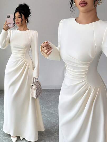 Elenzga Women's Elegant Romantic French Style Ruched Waist Long Sleeve Dress, Suitable For Commute, Vacation, Afternoon Tea