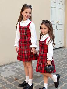 SHEIN Tween Girls' Vintage French Plaid Ruffle Trim Fitted Christmas Red Dress, Suitable For Christmas, Parties, Casual Wear, Autumn/Winter Fall - Red - View 7