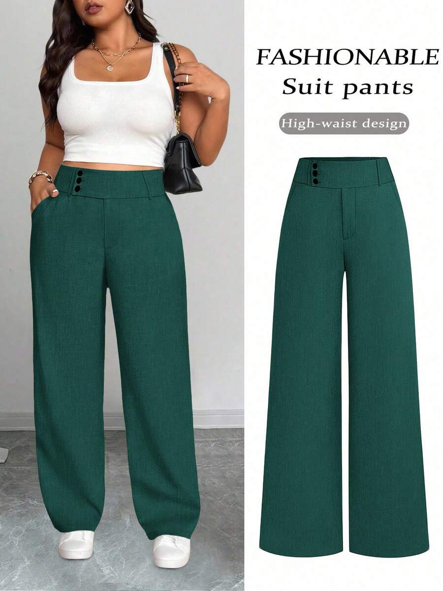 SHEIN Tall CURVE Plus Size Women Casual Straight Leg High Waist Pants - Green - View 1