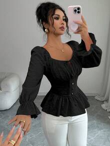 Elenzga 新款女式方领长袖梭织提花面料胸前褶饰蝴蝶结设计荷叶边下摆收腰优雅休闲衬衫，春秋 - 黑色 - 查看 7