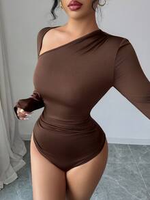 Elenzga New Women Knitted Elastic Fabric Oblique Shoulder Design Long Sleeve Slim Fit Bodysuit, Elegant Casual Everyday Versatile, Autumn/Winter - Brown - View 3