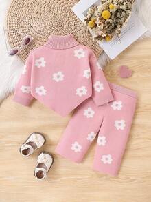 SHEIN Vintaside Kids Bộ 2 áo len cổ lọ họa tiết hoa màu vàng dễ thương cho bé gái + quần len ống rộng, mềm mại và thoải mái, thích hợp mặc hàng ngày, đi chơi, du lịch, nghỉ dưỡng, ở nhà, nhà trẻ và chơi đùa cho bé gái - Hồng - Xem 3