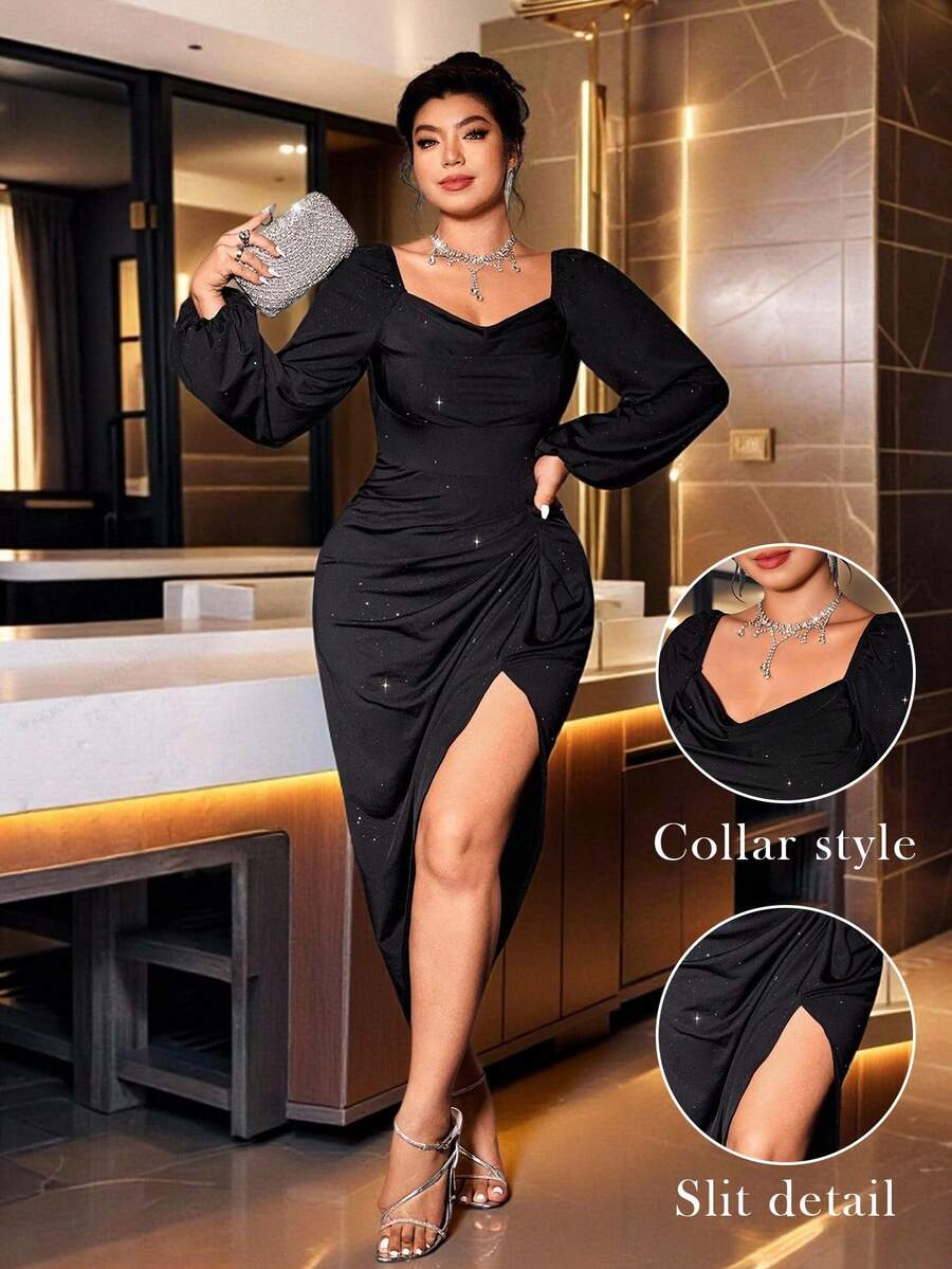 Allurite Plus Size Women's Black Autumn Elegant Formal Evening Glitter Sequin Sweetheart Neck Draped Ruffle Asymmetric Slit Long Sleeve Club Party Dress - Black - View 1