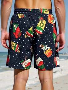 Manfinity Swimmode Men's Elastic Waist Drawstring Pocket Allover Print Summer Casual Beach Shorts - Black - View 2